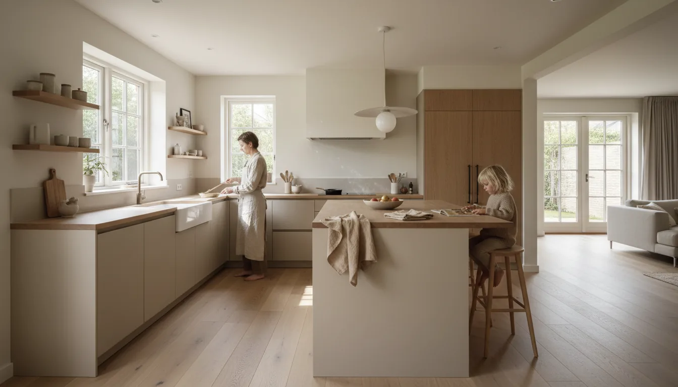 Lichte L-keuken met eiland in een gezinswoning, iemand kookt terwijl een kind aan het eiland zit