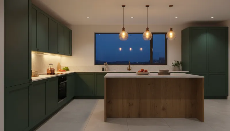 Groene keuken in de avond met ledstrips onder de bovenkasten, hanglampen boven een eiken eiland en zacht plafondlicht