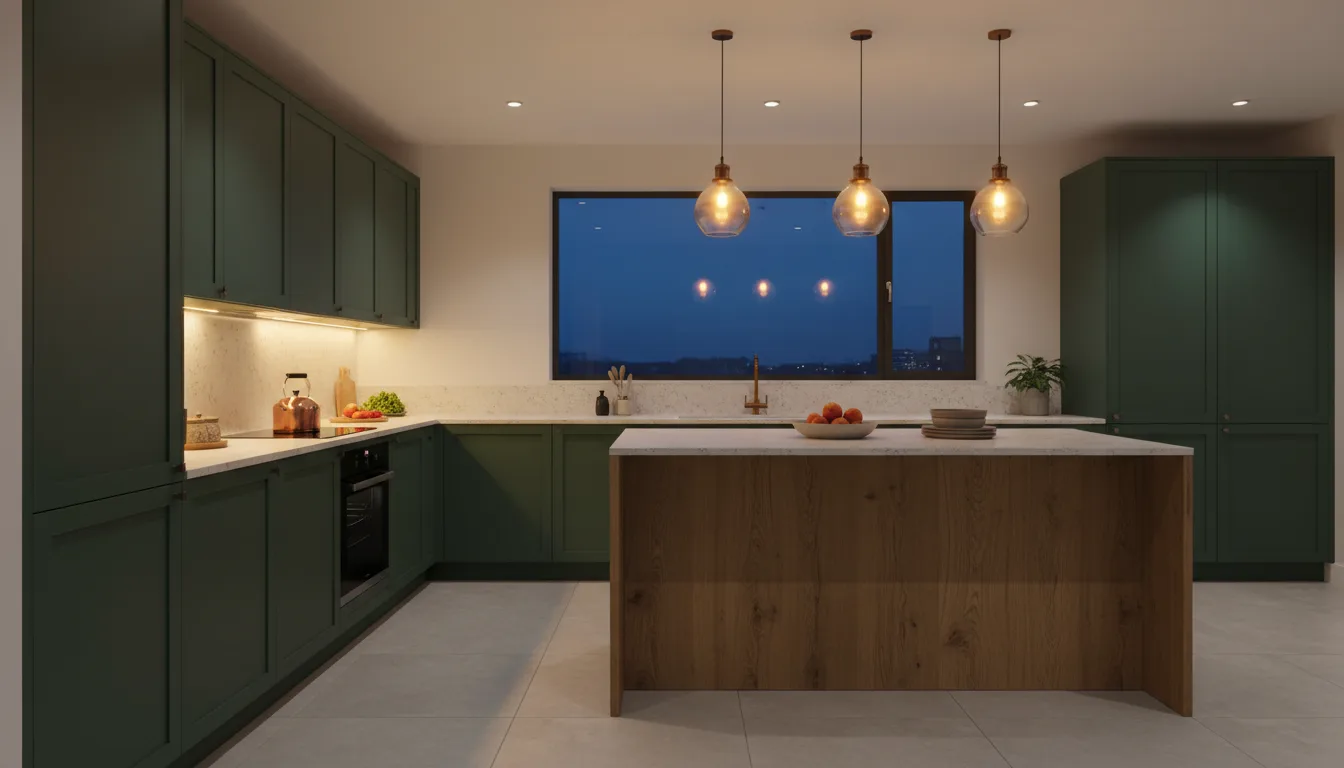 Groene keuken in de avond met ledstrips onder de bovenkasten, hanglampen boven een eiken eiland en zacht plafondlicht