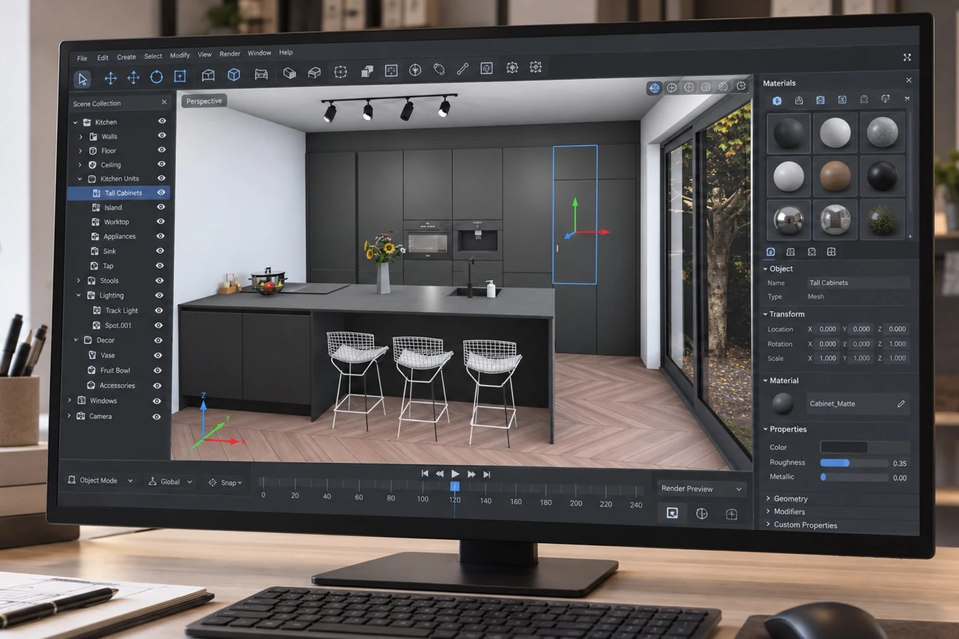 Ruben tekent de keuken uit in 3D-ontwerpsoftware, met maatvoering en materiaalstalen op het scherm