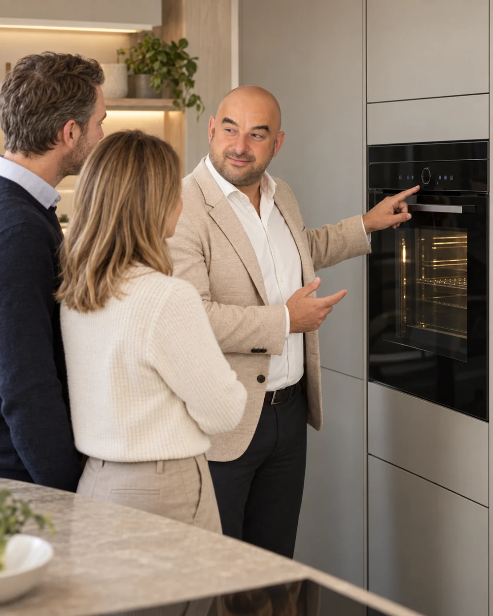 Ruben legt een stel de apparatuur uit in een keuken die hij plaatste