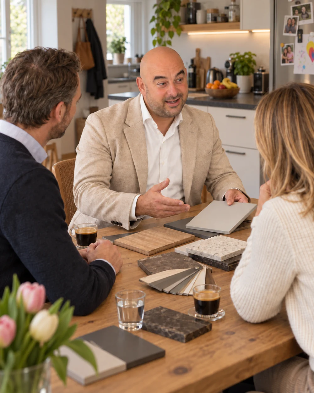 Ruben bespreekt de stalen aan de keukentafel bij klanten thuis