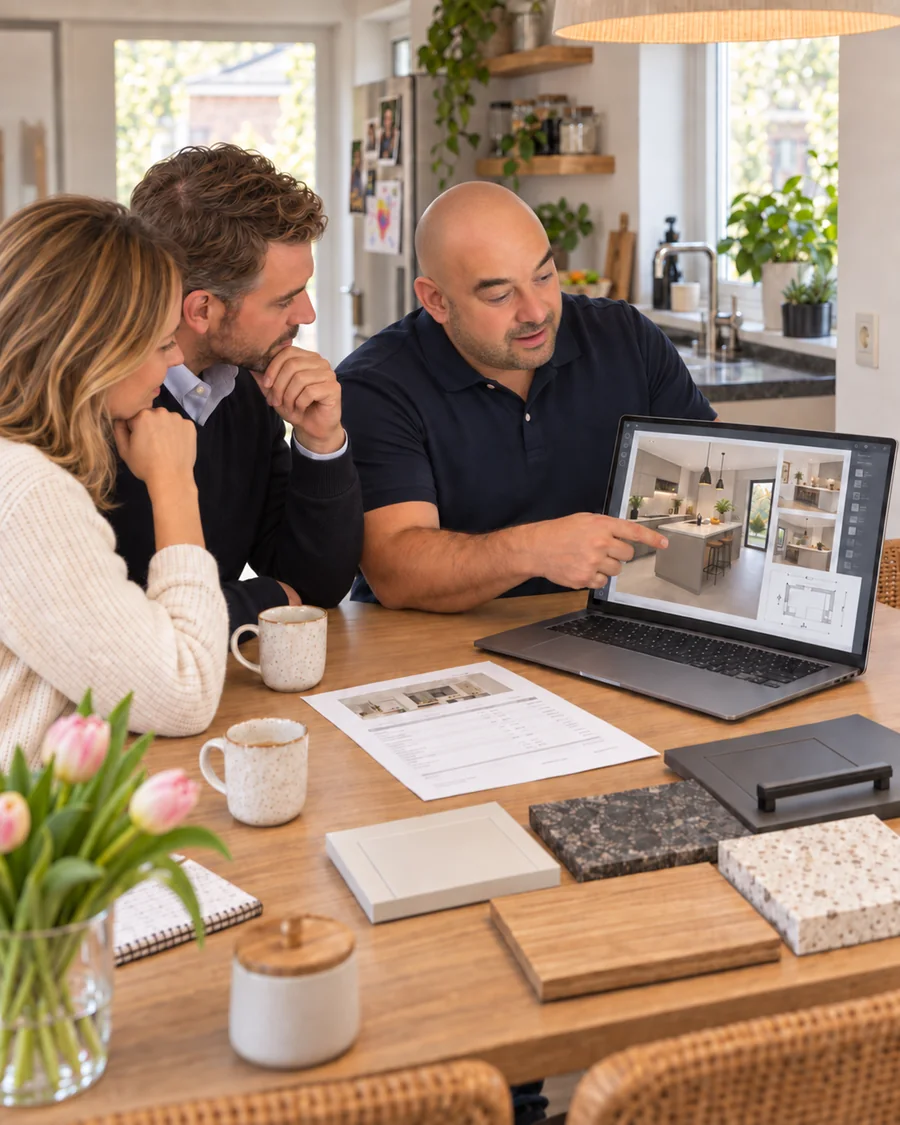 Ruben bespreekt het 3D-ontwerp op zijn laptop met de klanten aan tafel